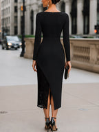 Satin-Draped Lace Midi Dress