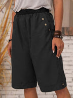 Women's Solid Color Elastic Waist Loose Casual Pockets Cotton and Linen Shorts