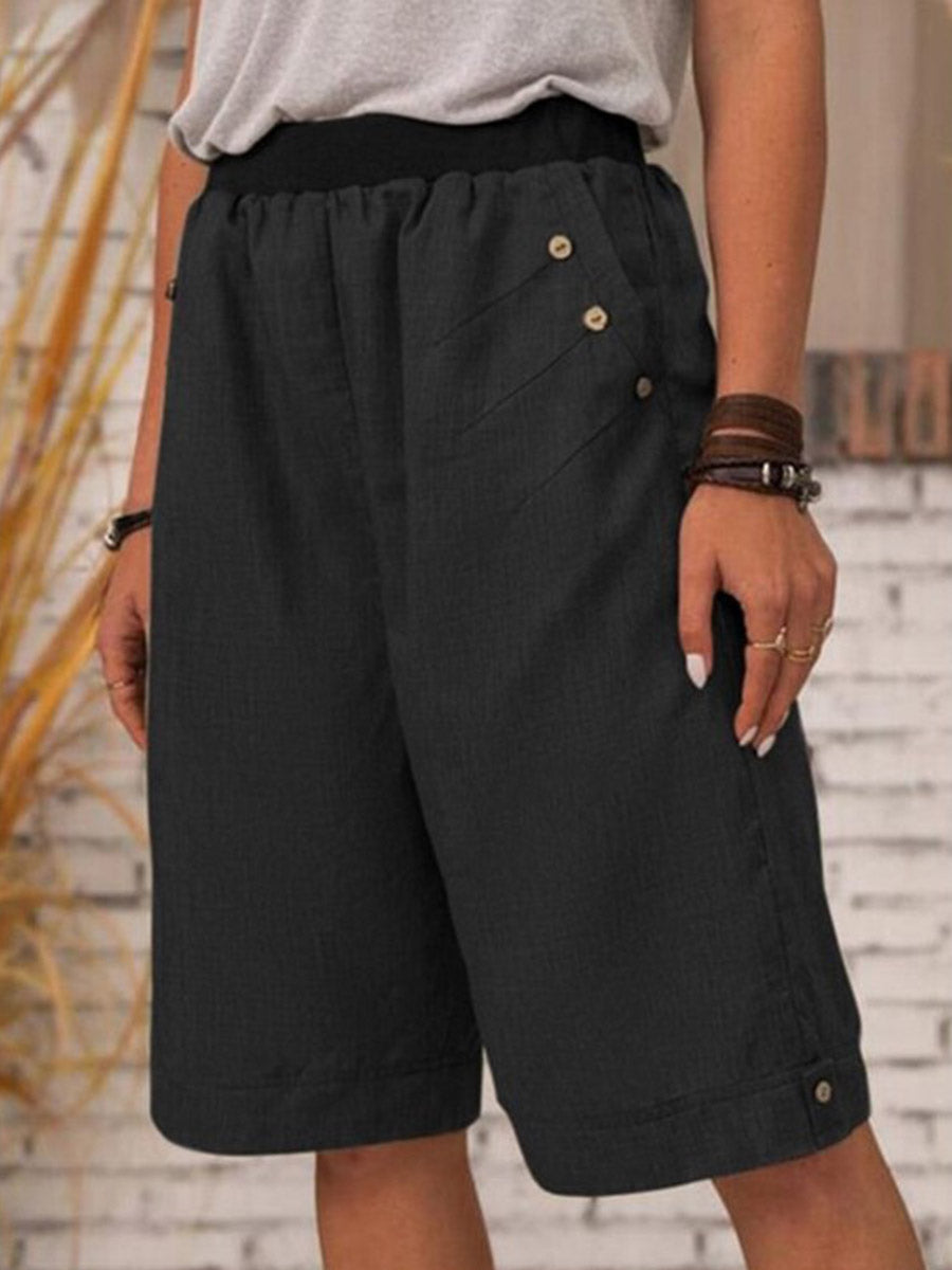 Women's Solid Color Elastic Waist Loose Casual Pockets Cotton and Linen Shorts