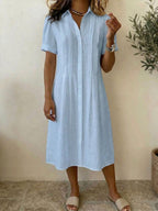Women's Solid-color Shirt-collar Short-sleeve Casual Loose Cotton-linen Shirt Dress