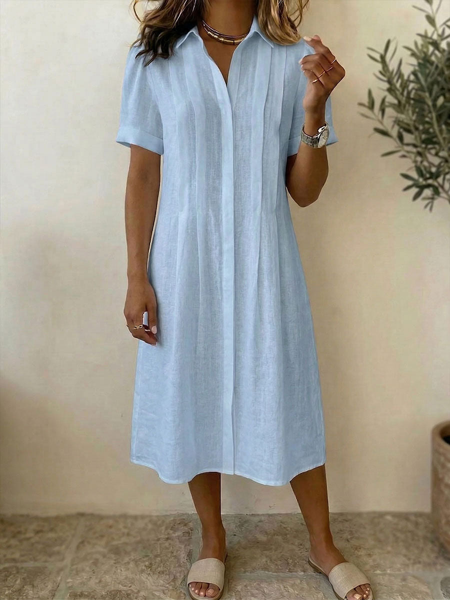 Women's Solid-color Shirt-collar Short-sleeve Casual Loose Cotton-linen Shirt Dress
