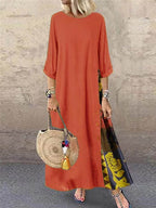Women's Retro Floral Contrast Button Patchwork Cotton And Linen Casual Dress