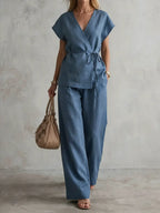 Women's Minimalist Cotton And Linen Wide-leg Pants Set