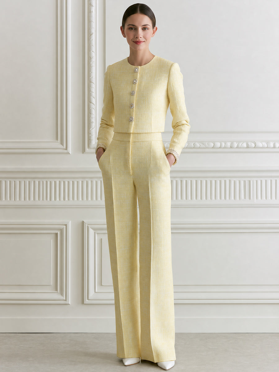 Tweed Jewel Button Crop Jacket & Wide Leg Pants Two-Piece Set