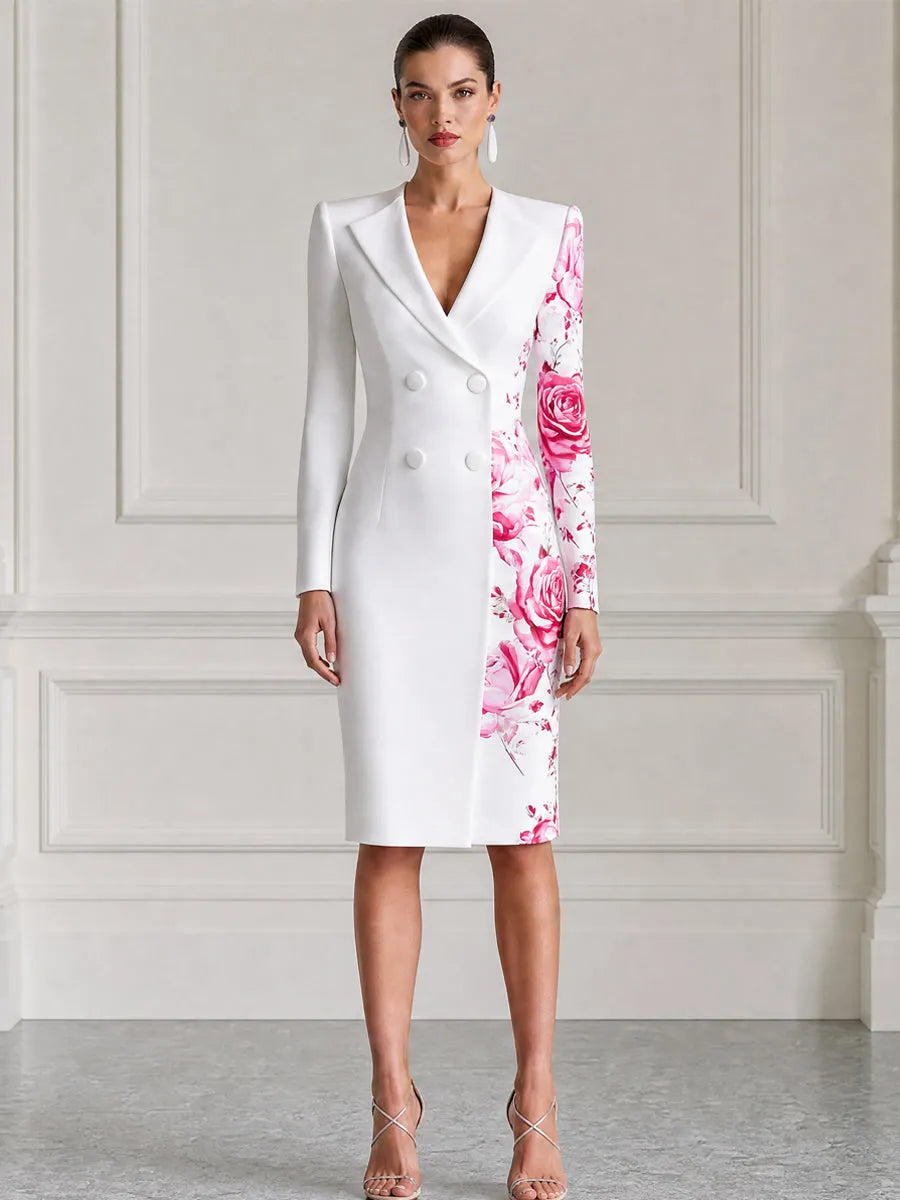 Asymmetric Floral Print Double Breasted Blazer Midi Dress