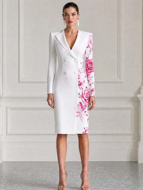 Asymmetric Floral Print Double Breasted Blazer Midi Dress