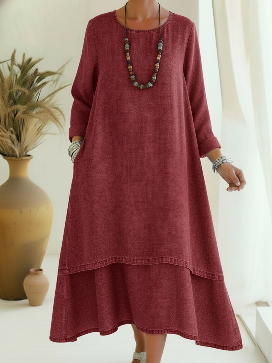 Elegant Double-layered Hem Denim Dress