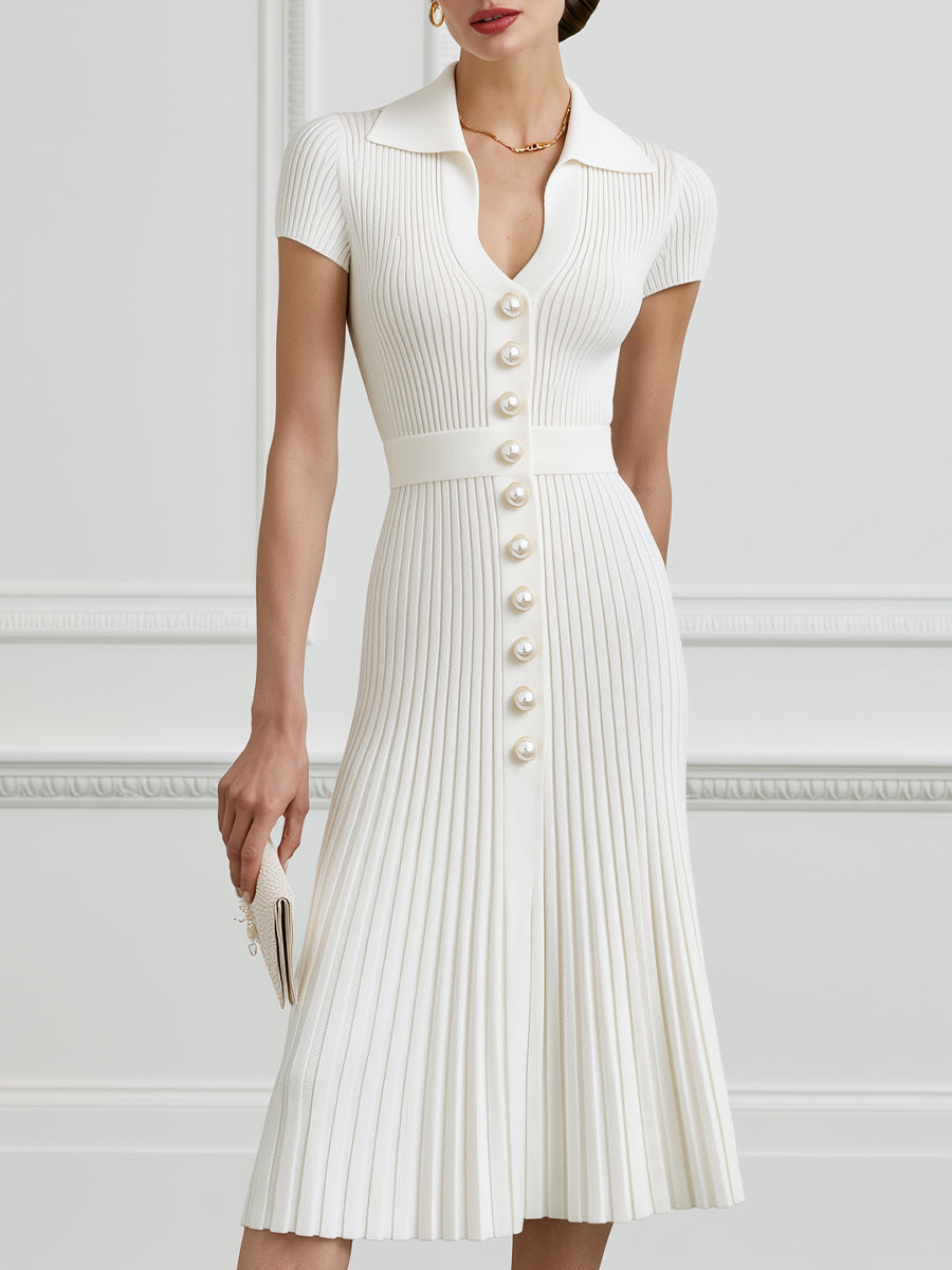Ribbed Knit Pearl-Button Polo Midi Dress