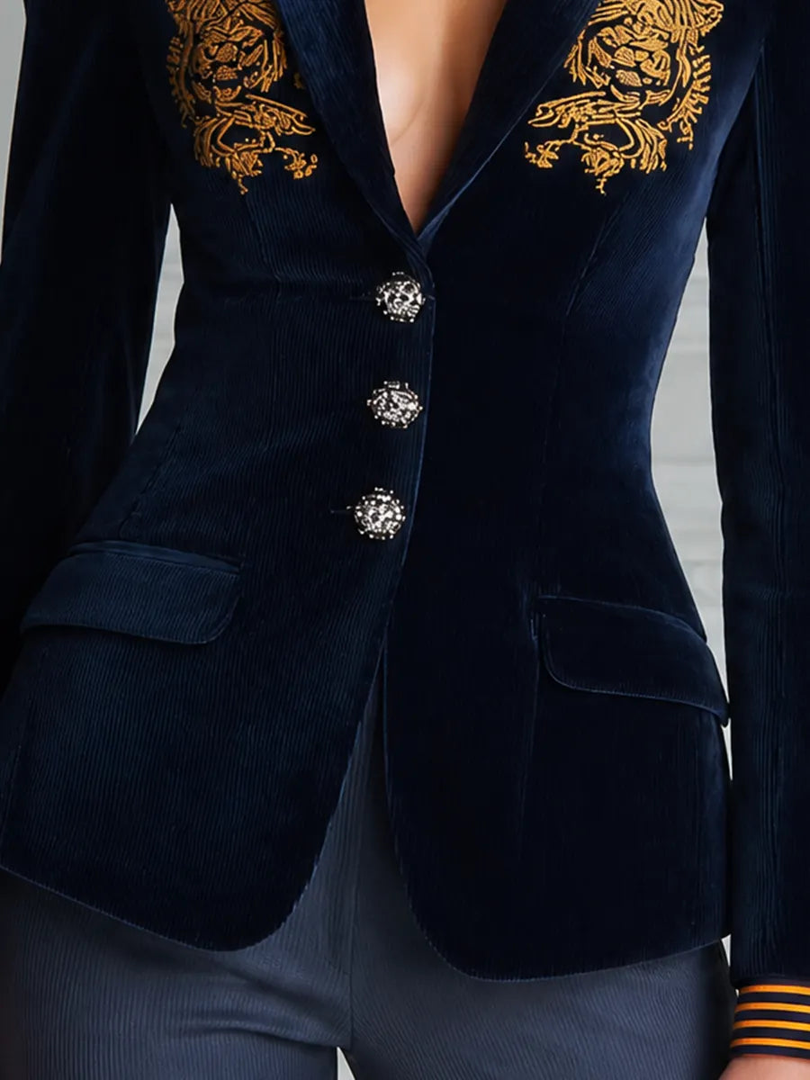 Navy Velvet Embroidered Peak Lapel Blazer