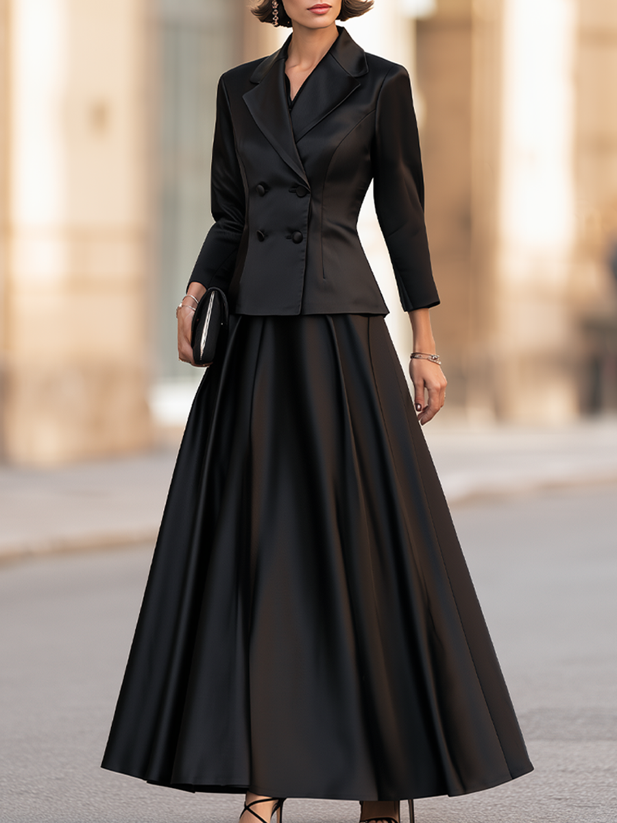 Elegant Double-Breasted Satin Blazer & Maxi Skirt Two-Piece Set