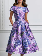 Lilac Hydrangea Print Satin Midi A-Line Dress