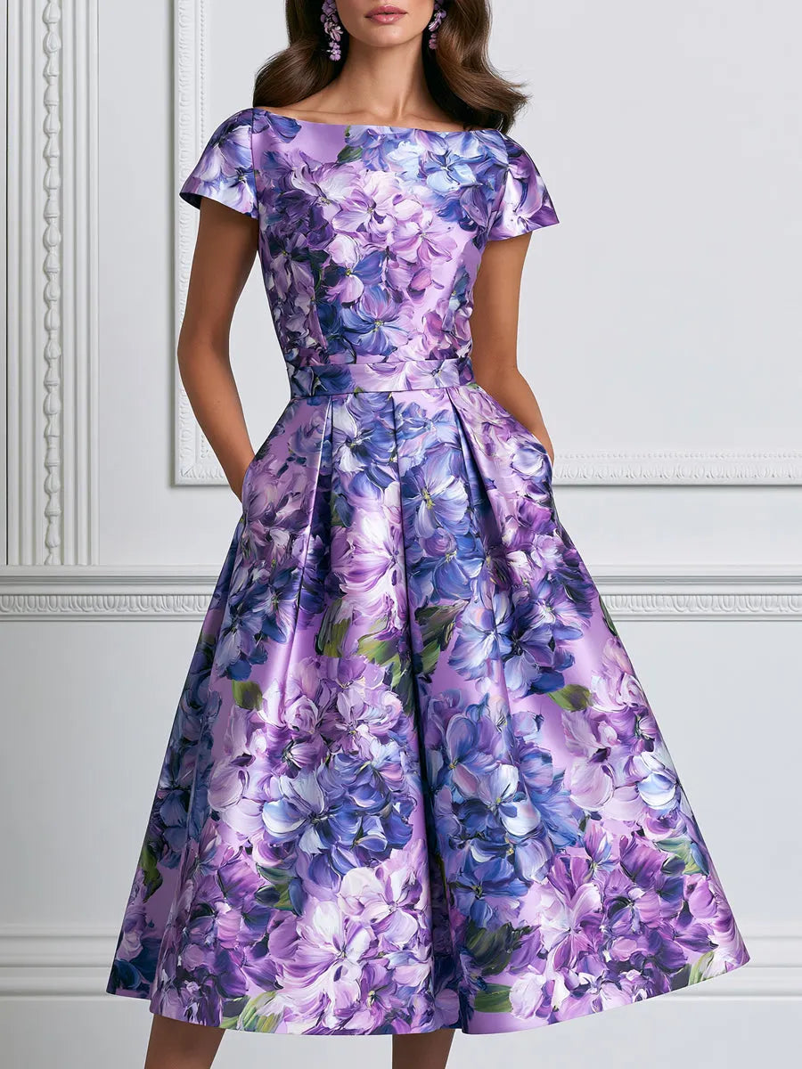 Lilac Hydrangea Print Satin Midi A-Line Dress