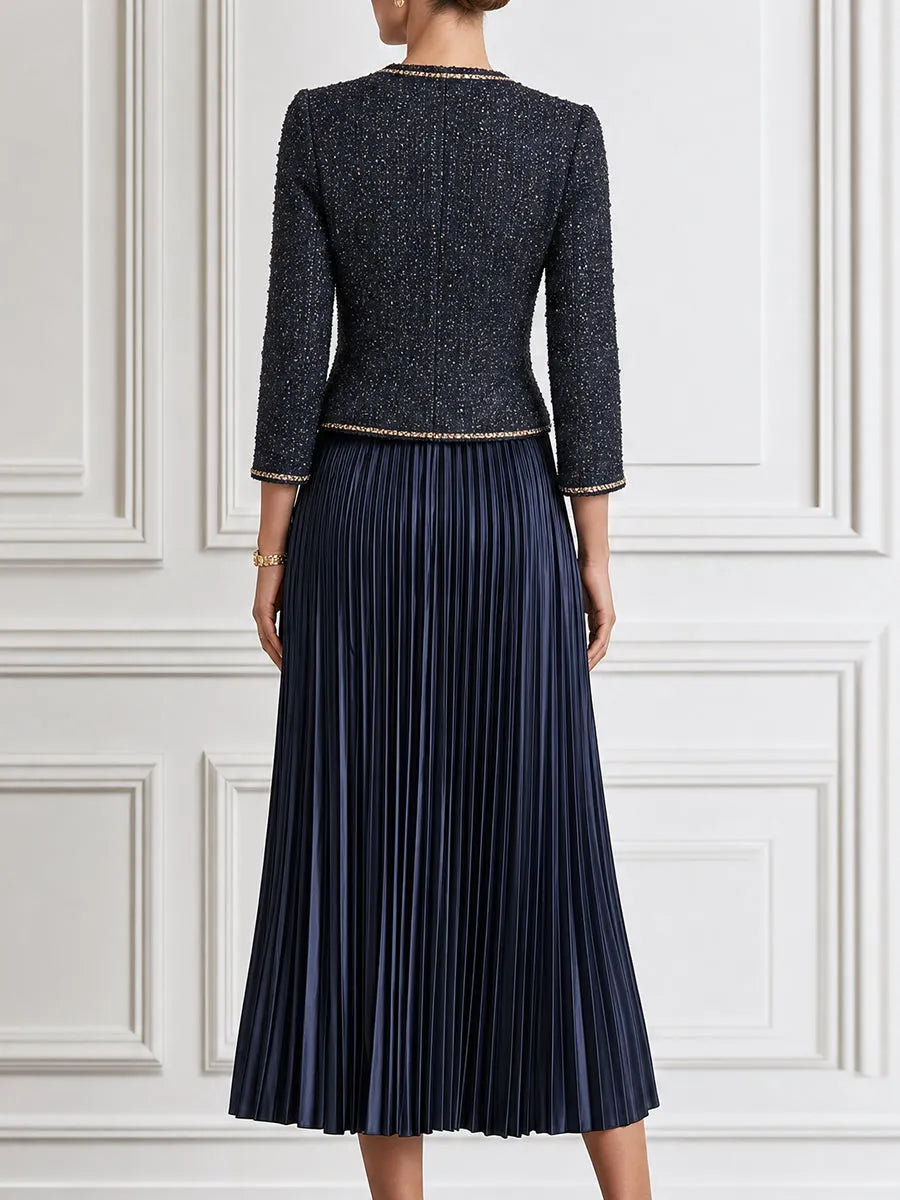 Tweed Cropped Jacket & Satin Pleated Midi Skirt Set