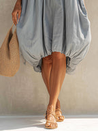 Blue Cotton Blend Sleeveless Balloon Midi Dress