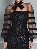Sheer Bow Neck Sequin Midi Dress