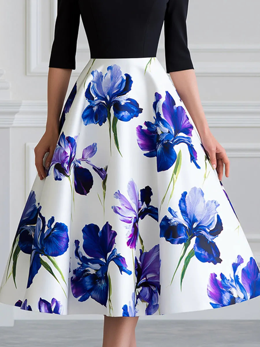 Black Color Block Watercolor Iris Print A-Line Midi Dress