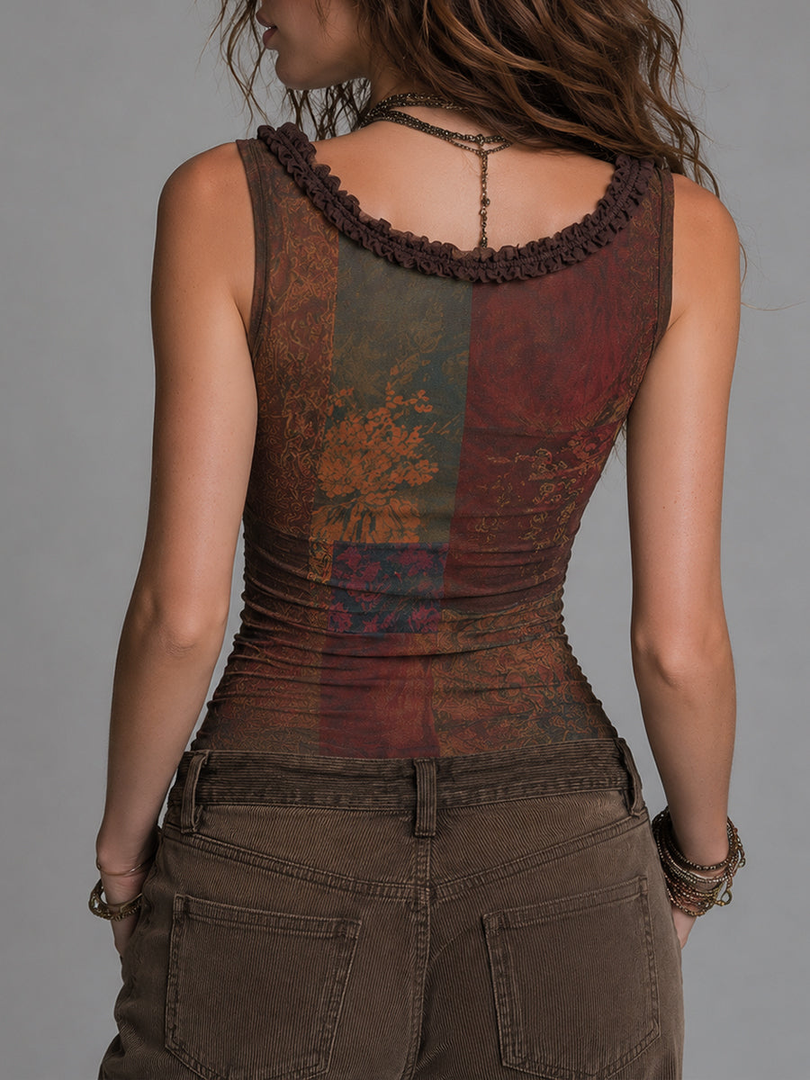 Retro Patchwork Print Slim-Fit Ruffle Trim Tank Top