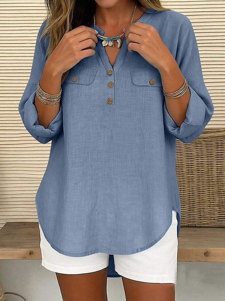 Women's Solid Color V Neck Button Design Linen Blend Blouses