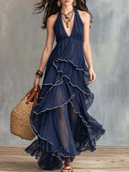 Women's Solid Color Ruffled Art Stylish Chiffon Casual Dress