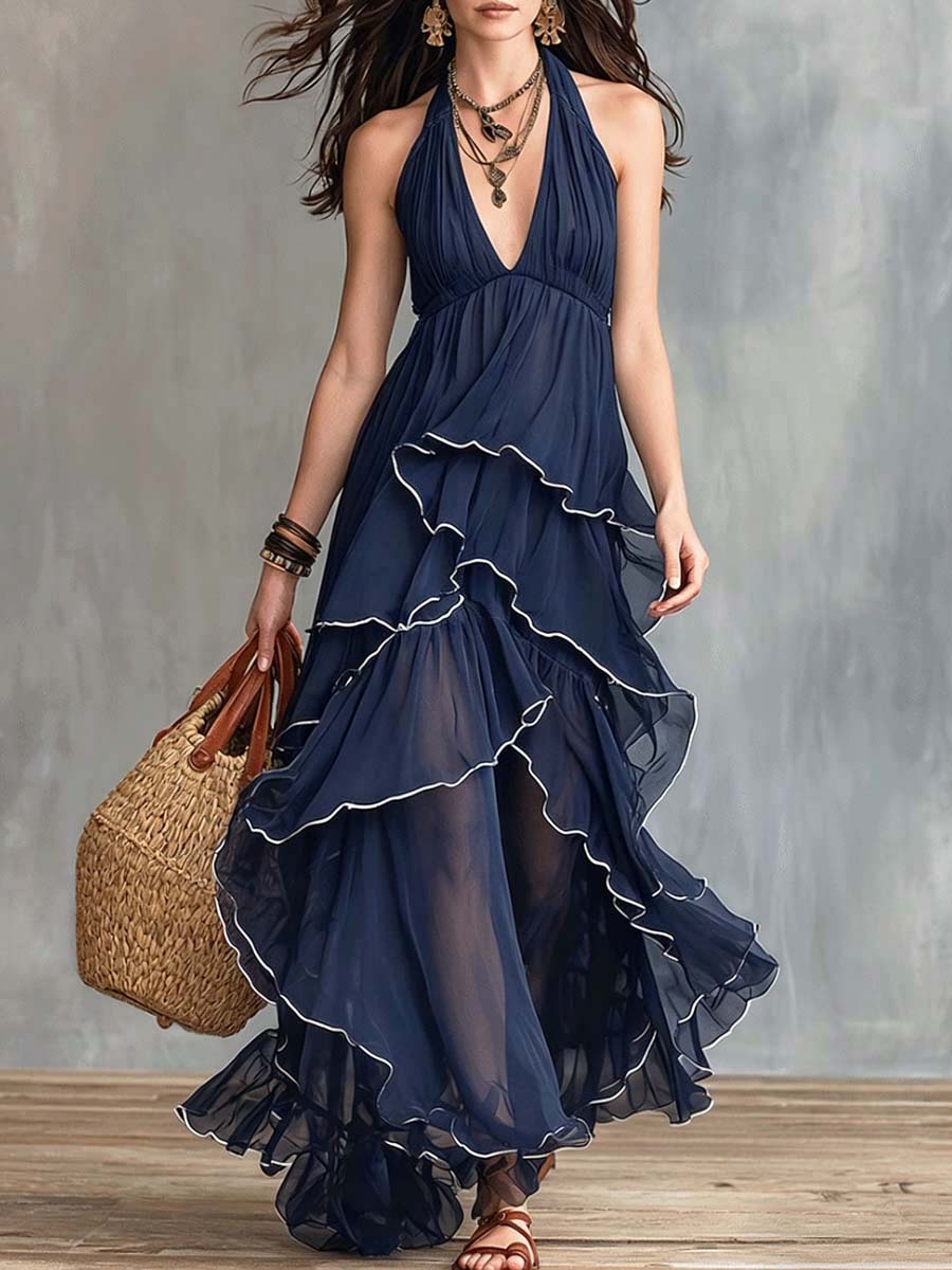 Women's Solid Color Ruffled Art Stylish Chiffon Casual Dress