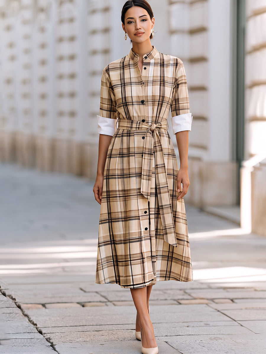 Plaid Belted Shirt Midi Dress
