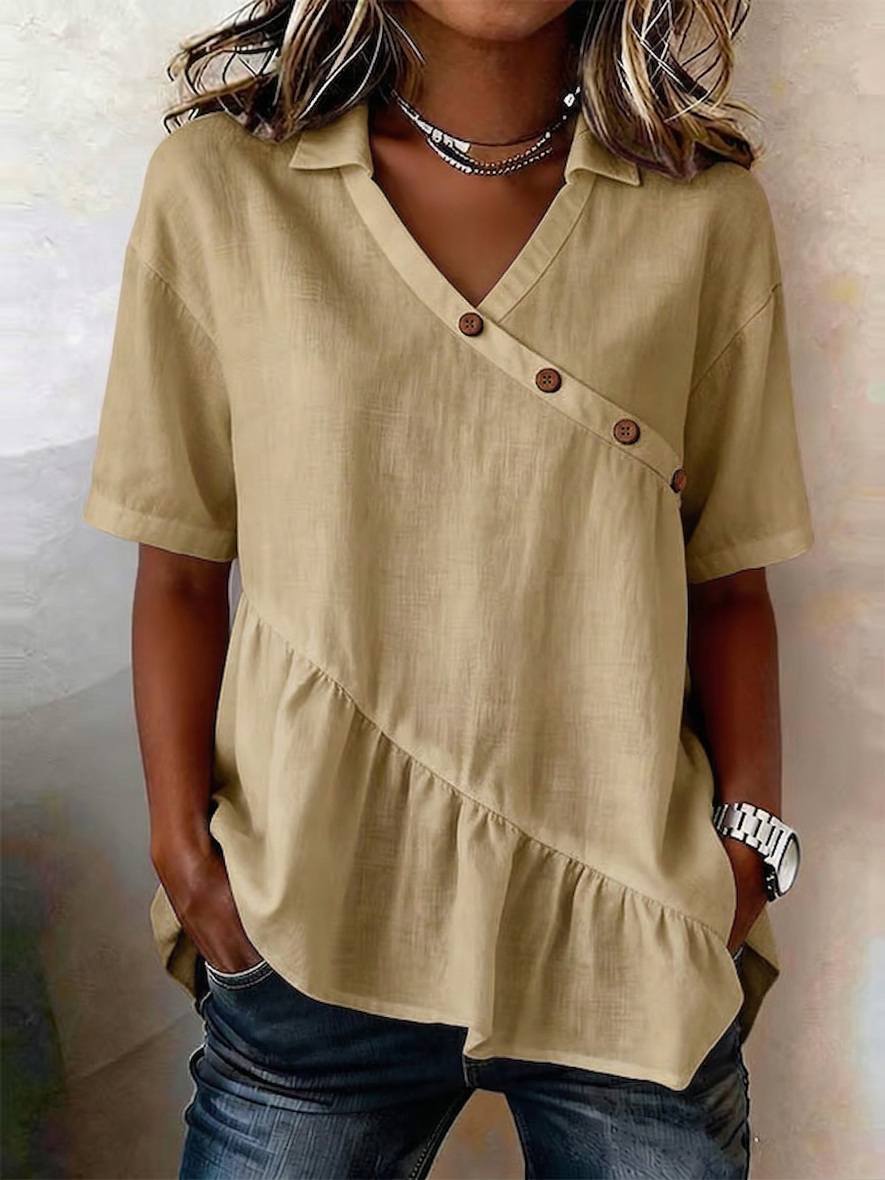 Casual Buttons Ruffled Hem Cotton-linen Shirt Top
