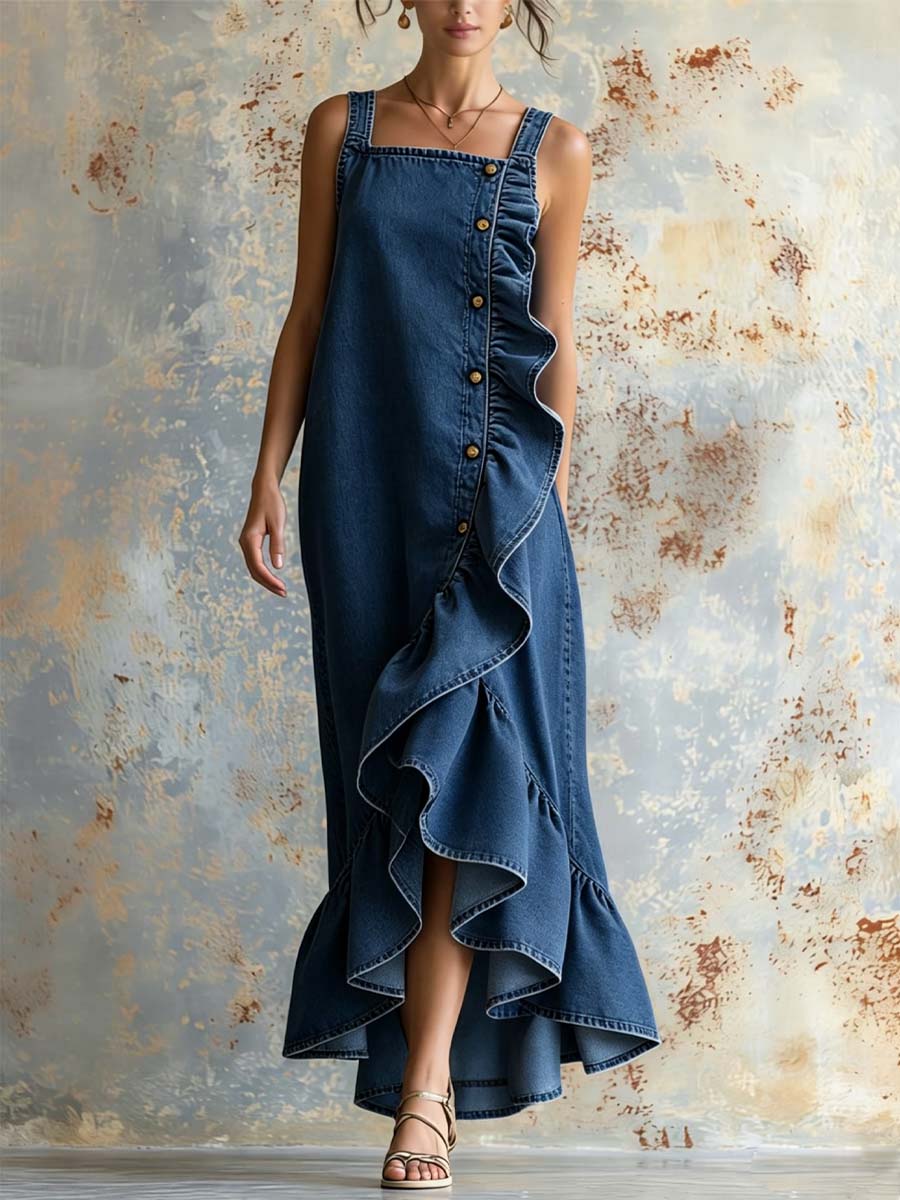 Women's Retro Ruffled Art Stylish Button Casual No Sleeve Denim Dress
