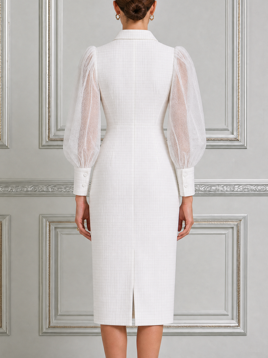 White Dress Sheer Puff Sleeve Button Front Pencil Midi Dress