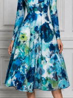 White Blue Green Watercolor Floral Print Long Sleeve A-Line Midi Dress