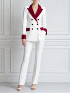 White Red Contrast Double Breasted Blazer & Flare Pants Set