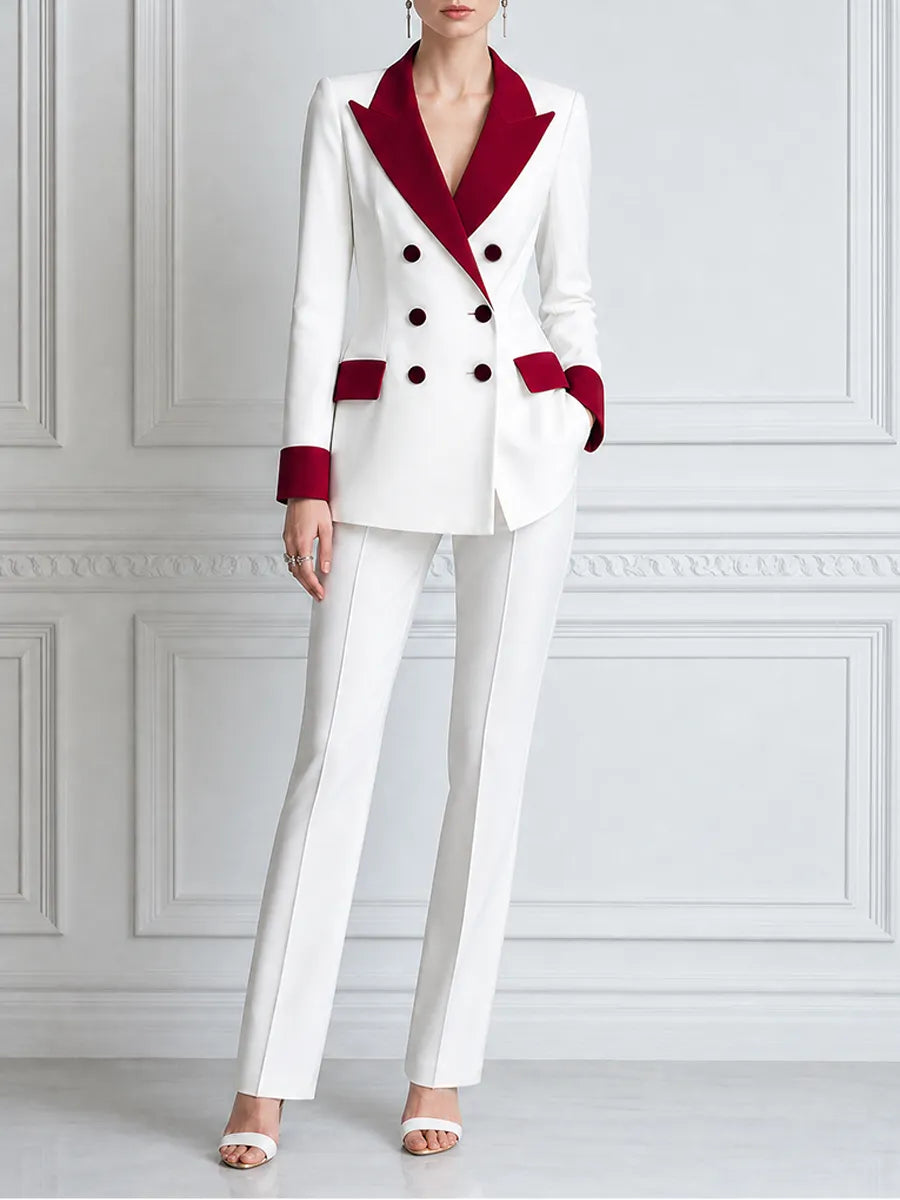 White Red Contrast Double Breasted Blazer & Flare Pants Set
