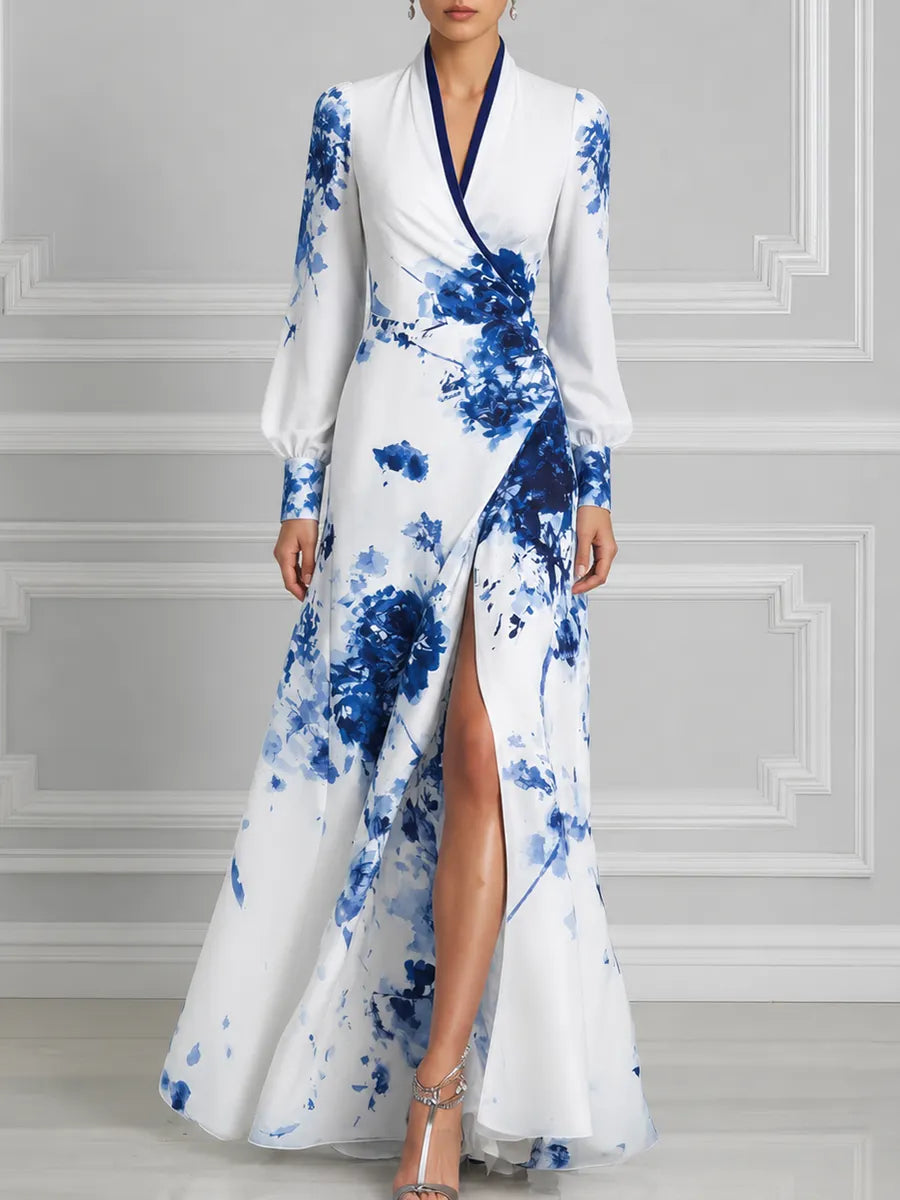 White Blue Watercolor Floral Print Shawl Collar Wrap Slit Maxi Dress