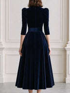 Elegant Velvet Puff Sleeve High Neck A Line Midi Dress