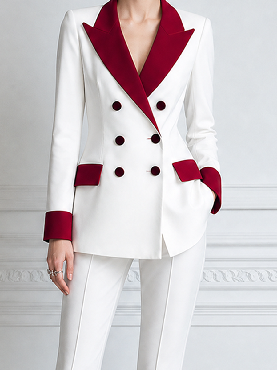 White Red Contrast Double Breasted Blazer & Flare Pants Set