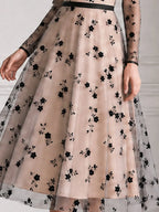 Elegant Black Floral Flocked Tulle A Line Cocktail Midi Dress