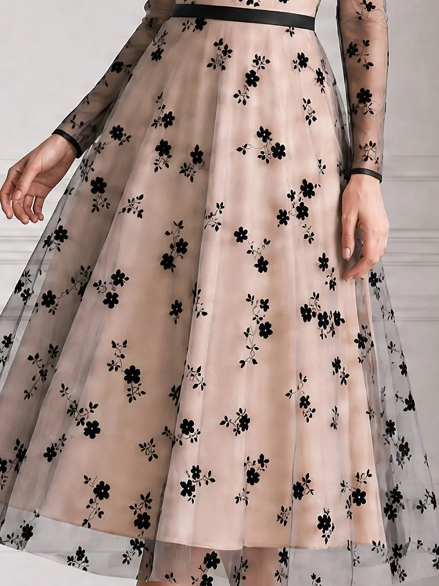 Elegant Black Floral Flocked Tulle A Line Cocktail Midi Dress