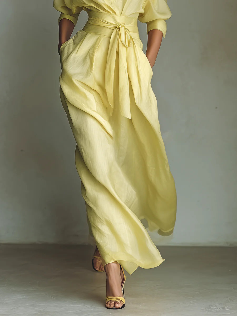 Yellow  Maxi Shirt Dress With Tie Waist & Half Sleeves