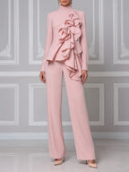 Pink Fall Fashion Ruffle Top & Wide Leg Pants Set