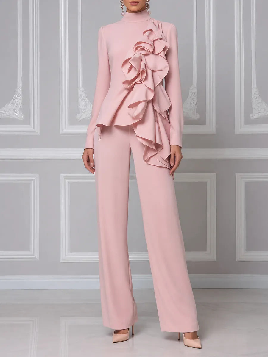 Pink Fall Fashion Ruffle Top & Wide Leg Pants Set