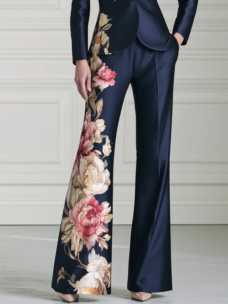 Vintage Floral Print Satin Blazer And Flared Trouser Two-Piece Set