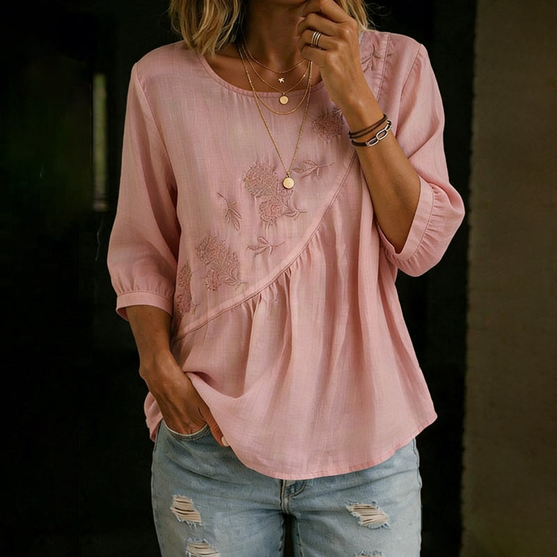 Women's Vintage Floral Embroidery Irregular Pleated Design Linen T-shirt