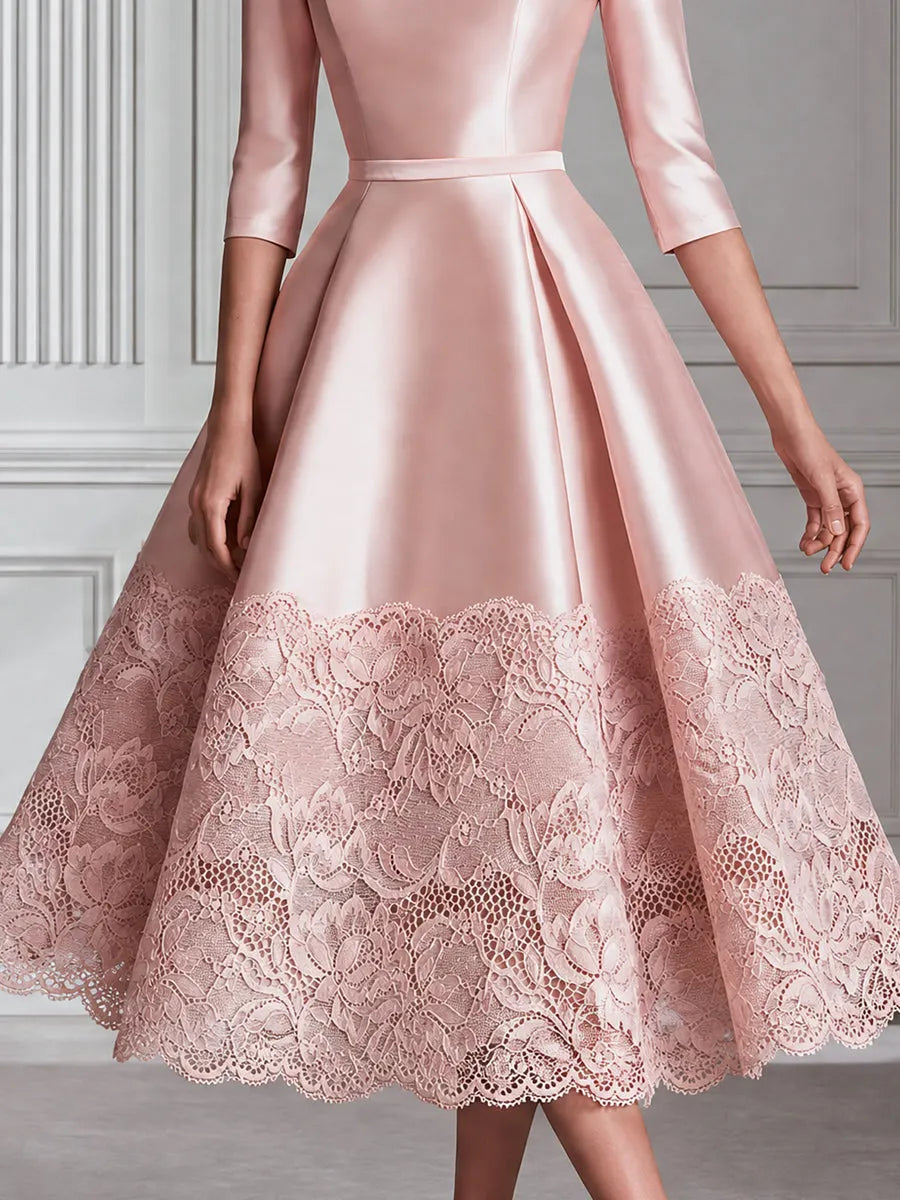 Vintage-Inspired Boat-Neck Lace-Hem Satin A-Line Midi Dress
