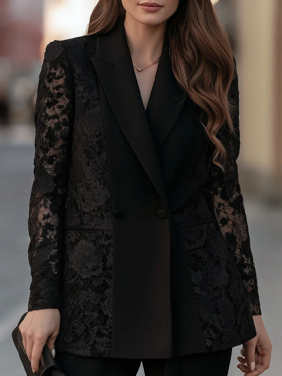 Lace Panel Double-Breasted Blazer