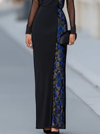 Lace Panel Long Sheer Sleeve Maxi Dress