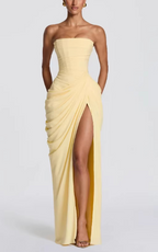 Chiffon Back Lace-up Asymmetrical Pleats Strapless Slit Maxi Dress