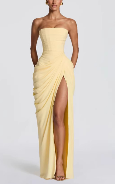 Chiffon Back Lace-up Asymmetrical Pleats Strapless Slit Maxi Dress