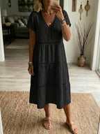 Casual Patchwork Openwork Ribbon Linen And Cotton Dress