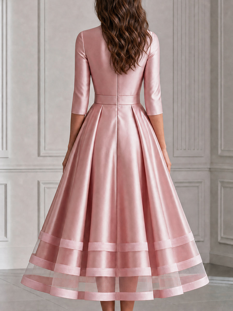 Bow-Tie Neck Satin Sheer Hem A-Line Midi Dress