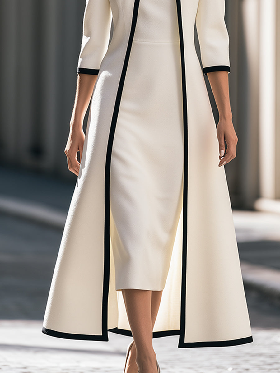 Contrast Trim Coat And Midi Dress Set