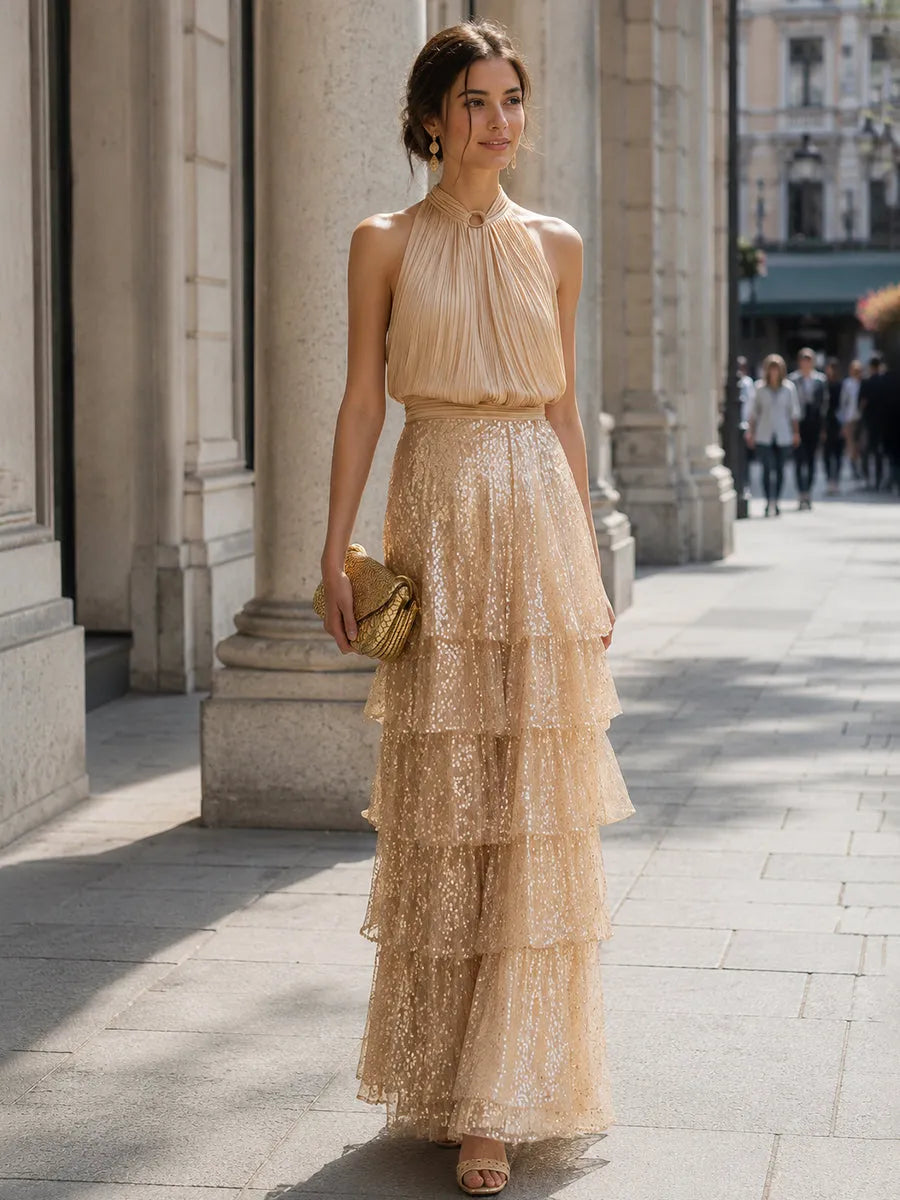 Premium Champagne Pleated Halter Top & Layered Sequin Maxi Skirt Two-Piece Set